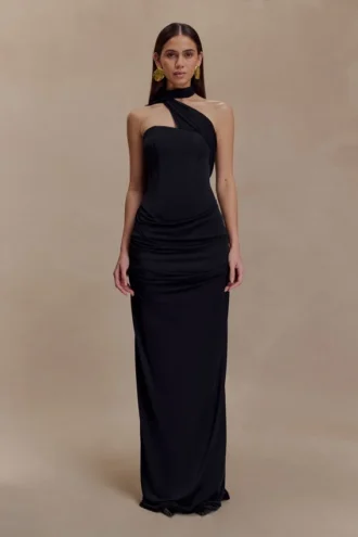 Mattea Slinky And Mesh Maxi Dress With Scarf – Black