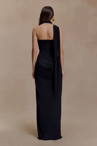 Mattea Slinky And Mesh Maxi Dress With Scarf – Black