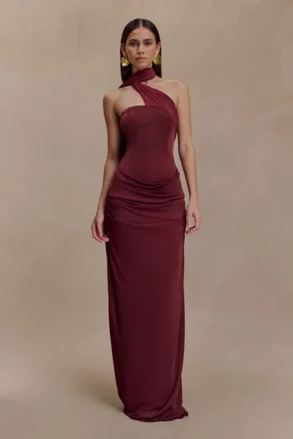 Mattea Slinky And Mesh Maxi Dress With Scarf – Burgundy