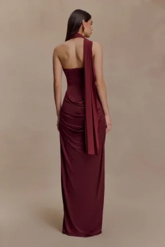 Mattea Slinky And Mesh Maxi Dress With Scarf – Burgundy