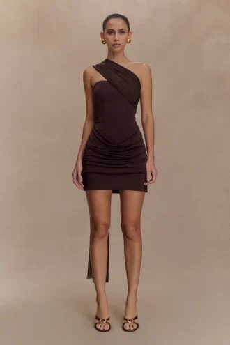 Mattea Slinky And Mesh Mini Dress With Scarf – Dark Chocolate
