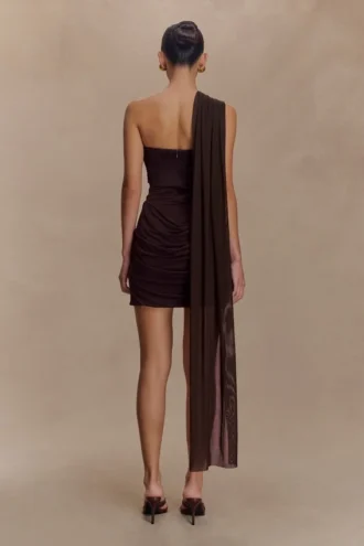 Mattea Slinky And Mesh Mini Dress With Scarf – Dark Chocolate