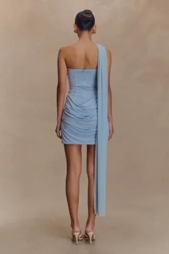Mattea Slinky And Mesh Mini Dress With Scarf – Powder Blue