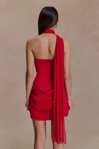 Mattea Slinky And Mesh Mini Dress With Scarf – Red