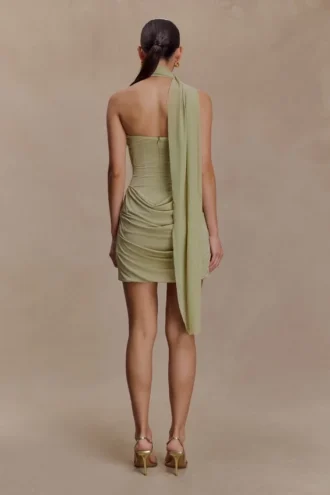 Mattea Slinky And Mesh Mini Dress With Scarf – Sage