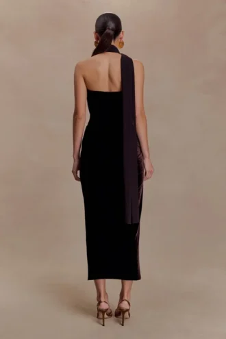Mattea Velvet Midi Dress With Scarf – Chocolate