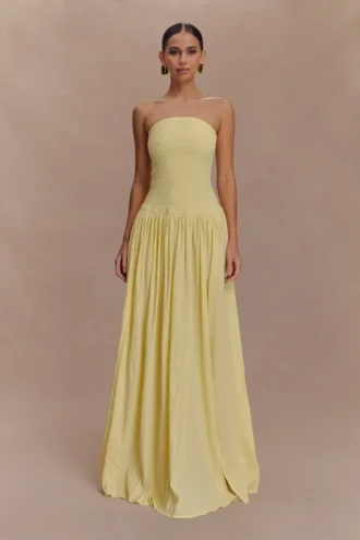 Maureen Cotton Shirring Maxi Dress – Lemon