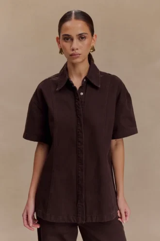 Maya Oversized Denim Shirt – Chocolate