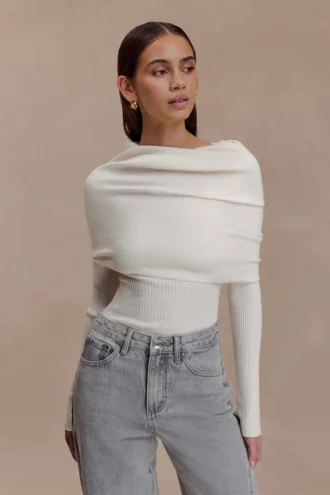 Mazie Asymetrical Cashmere Blend Long Sleeve Knit Top – Ivory