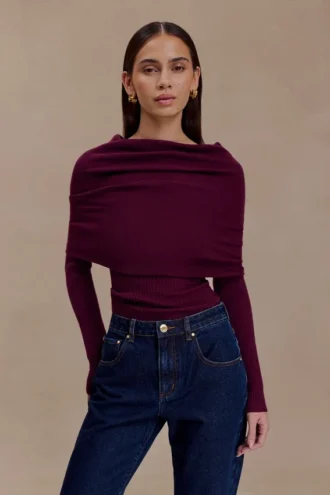 Mazie Asymetrical Cashmere Blend Long Sleeve Knit Top – Plum