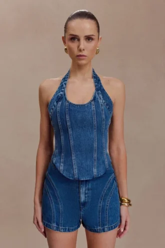 Meadow Denim Corset Halter Top – Dark Blue
