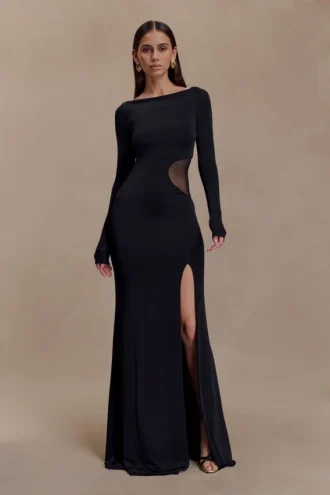 Megan Slinky And Mesh Maxi Dress – Black