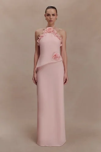 Melissa Chiffon Flower Maxi Dress – Baby Pink