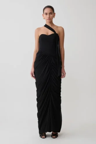 Micaela Chiffon Gathered Maxi Dress – Black