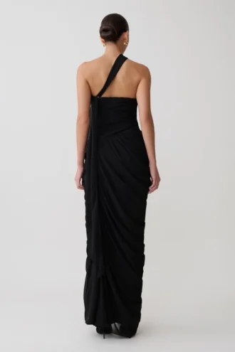 Micaela Chiffon Gathered Maxi Dress – Black