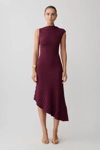 Milasandra Pleated Knit Dress – Plum
