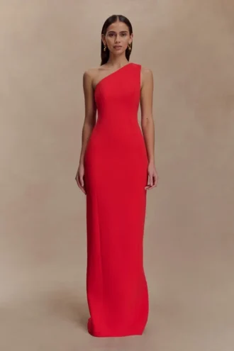 Milena One Shoulder Crepe Maxi Dress – Red