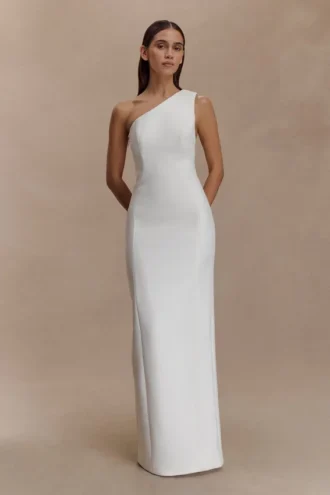 Milena One Shoulder Crepe Maxi Dress – White