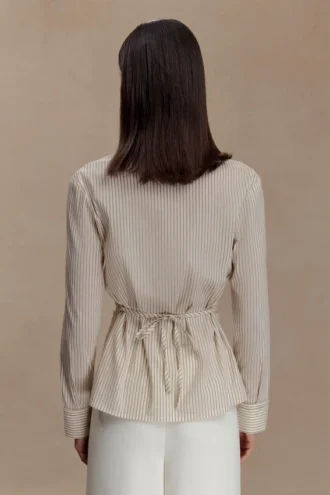Millie Tie Back Cotton Shirt – Beige Pinstripe