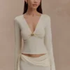 Miraby Front Ruched Knit Long Sleeve Top – Ivory