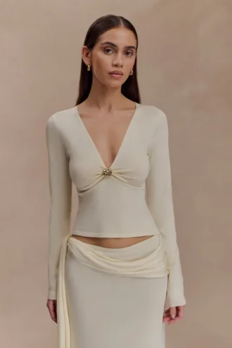 Miraby Front Ruched Knit Long Sleeve Top – Ivory