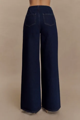 Miranda Faux Suede Belted Denim Wide Leg Jeans – Indigo Blue