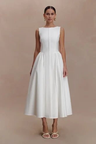 Monika Gathered Waist Cotton Midi Dress – White