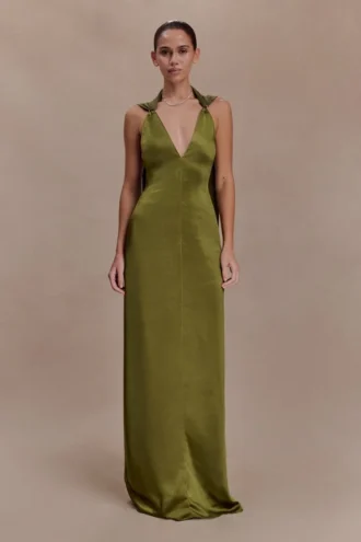 Myla Draped Shoulders Satin Maxi Dress – Khaki