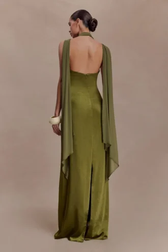 Myla Draped Shoulders Satin Maxi Dress – Khaki