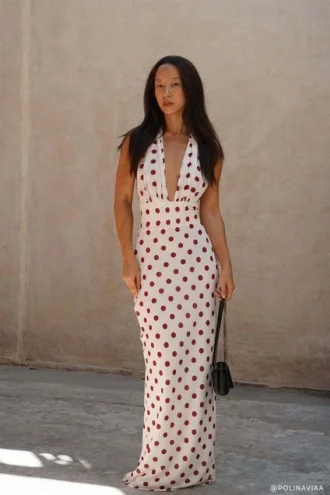 Nadine Halter Chiffon Maxi Dress – Ivory/Merlot Polka Dot