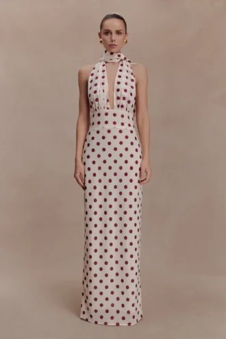 Nadine Halter Chiffon Maxi Dress – Ivory/Merlot Polka Dot