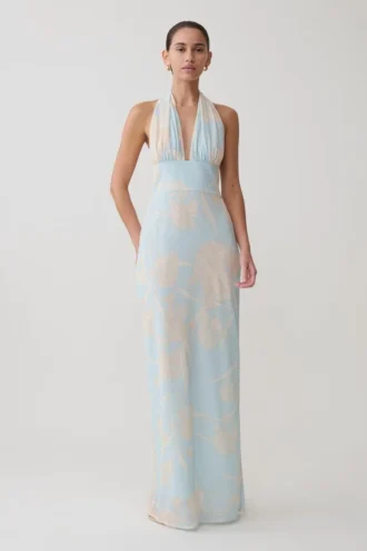 Nadine Halter Scarf Chiffon Maxi Dress – Blue Floral Print