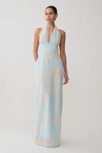 Nadine Halter Scarf Chiffon Maxi Dress – Blue Floral Print