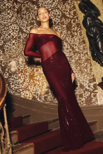 Nash Diamante Off Shoulder Maxi Dress – Mahogany
