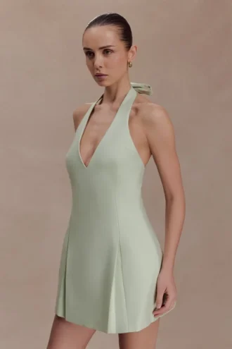 Nelly Halter Neck Cotton Mini Dress – Sage