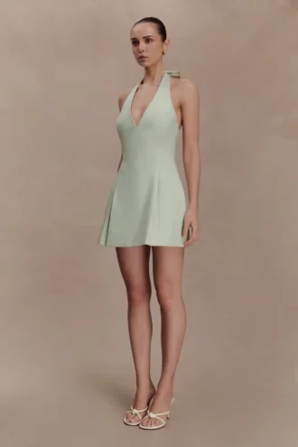 Nelly Halter Neck Cotton Mini Dress – Sage