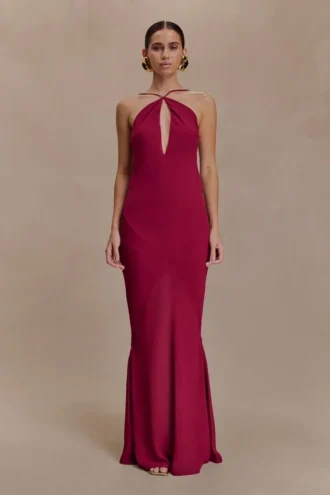 Nerea Slip Halter Maxi Dress – Cherry Red