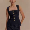 Neve Sleeveless Buttoned Denim Top – Washed Indigo Blue Neve Sleeveless Buttoned Denim Top – Washed Indigo Blue