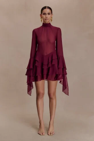 Nimah Chiffon Ruffle Mini Dress – Wine