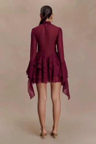Nimah Chiffon Ruffle Mini Dress – Wine