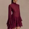 Nimah Chiffon Ruffle Mini Dress – Wine