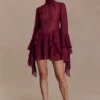 Nimah Chiffon Ruffle Mini Dress – Wine