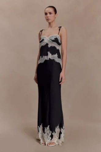Nina Satin And Lace Maxi Skirt – Black/Ivory