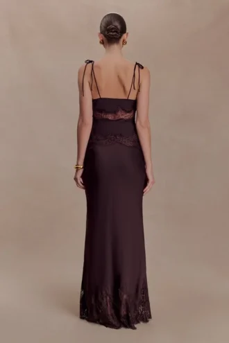 Nina Satin And Lace Maxi Skirt – Chocolate
