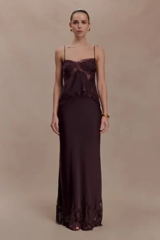 Nina Satin And Lace Maxi Skirt – Chocolate