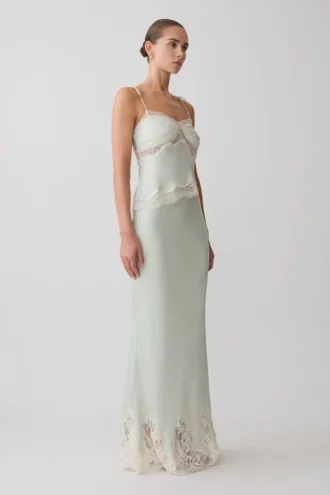 Nina Satin And Lace Maxi Skirt – Sage