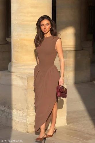Nola Shirred Asymmetric Midi Dress – Mocha