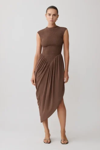 Nola Shirred Asymmetric Midi Dress – Mocha