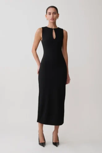 Norah Sleeveless Crepe Midi Dress – Black