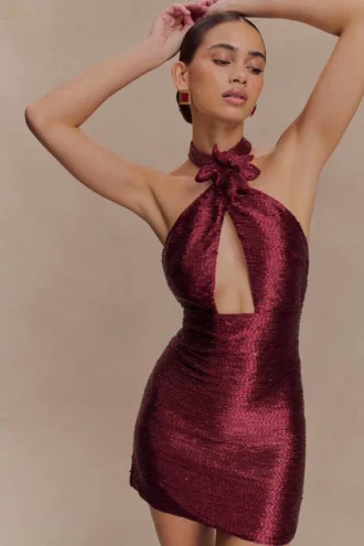 Nylah Beaded Halter Mini Dress – Burgundy